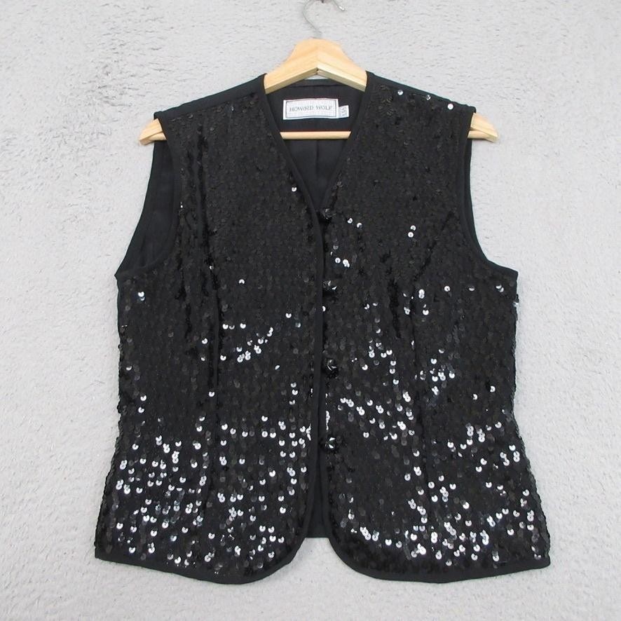 Howard Wolf Vest Womens 8 Black Sequin Button Front Evening Party Made Usa